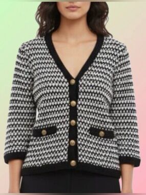 CAbi Black & White Knit Classic Cardigan Sweater Med. Old Money Style
